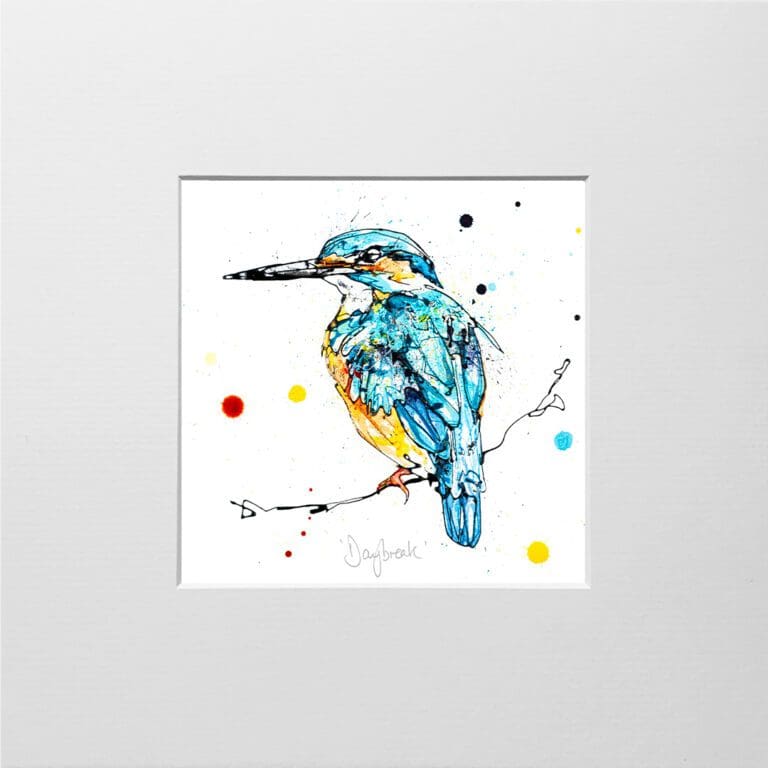 A digital mockup showing how a miniature print of Daybreak by Kathryn Callaghan will look presented in a 23cm mount. The print features features a bright kingfisher posed on a branch.