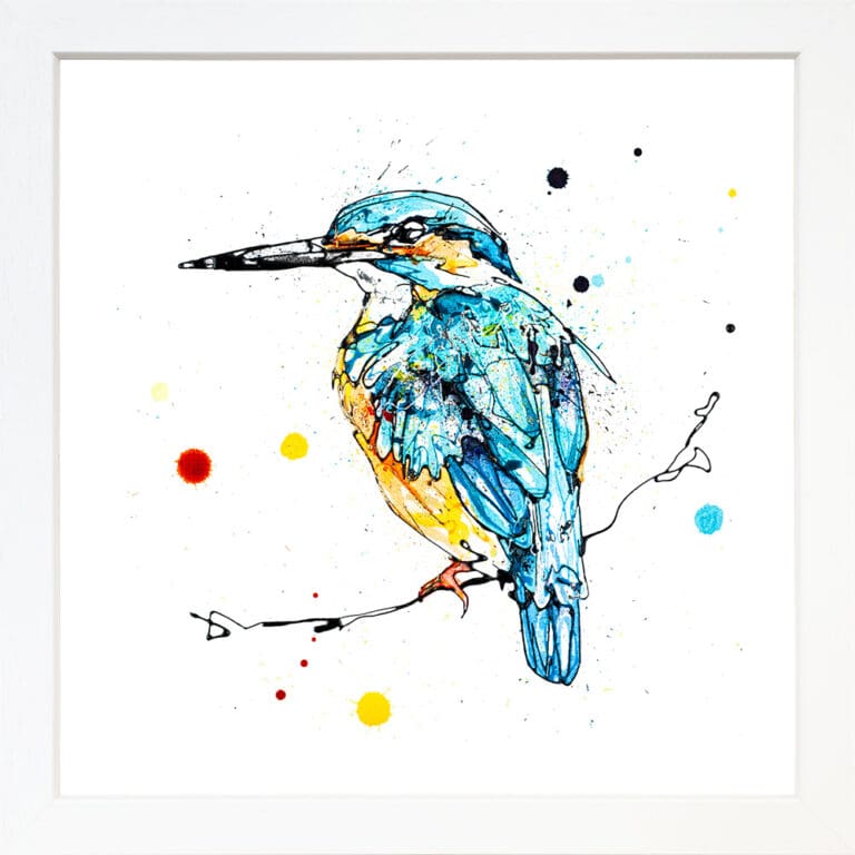 Daybreak Kingfisher print by Kathryn Callaghan shown in a standard white frame