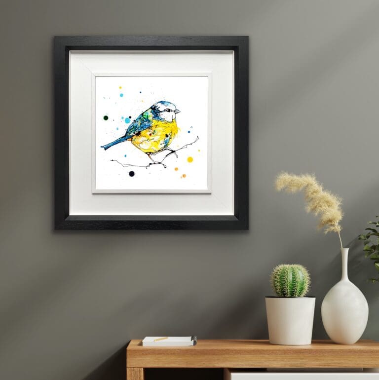 Sunlit Blue Tit Print by Kathryn Callaghan shown in a Deluxe Black Frame in Situ