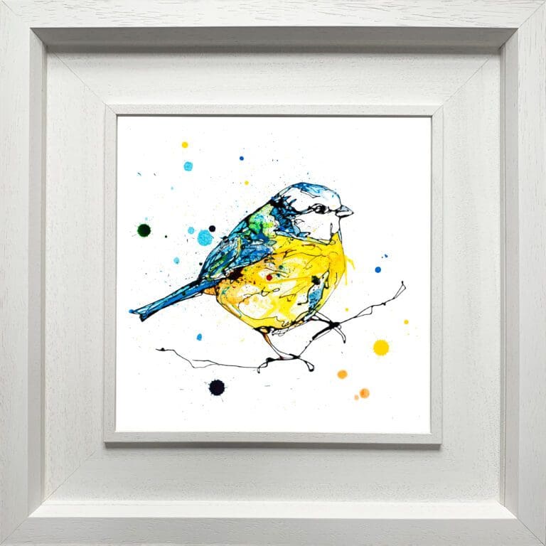 Sunlit Blue Tit print by Kathryn Callaghan shown in deluxe white frame