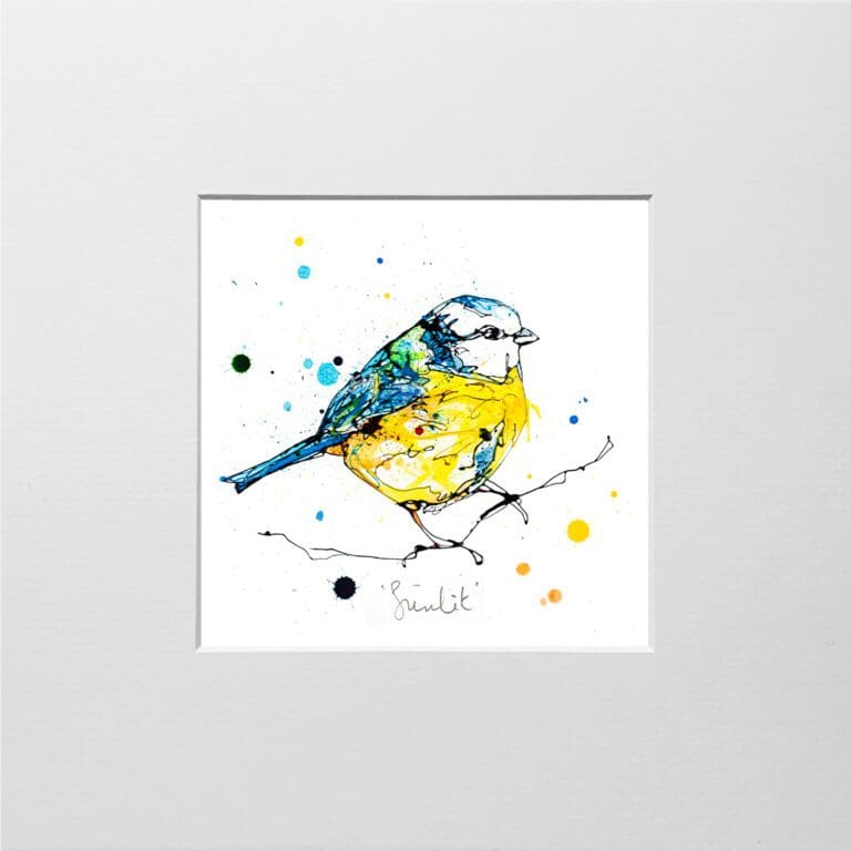 A digital mockup showing how a miniature print of Sunlit by Kathryn Callaghan will look presented in a 23cm mount. The print features features a bright blue tit posed on a branch.