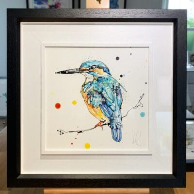 An original painting of a kingfisher seated on a branch, by Kathryn Callaghan