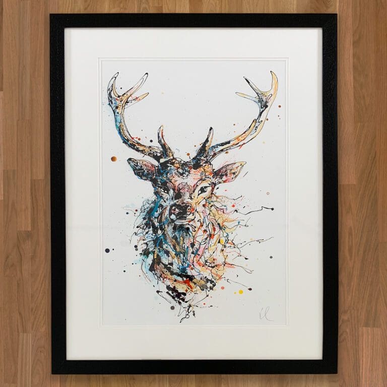 Majestic, an original poured painting of a stag, framed with a double hayseed mount and real wood black box frame. By Kathryn Callaghan.