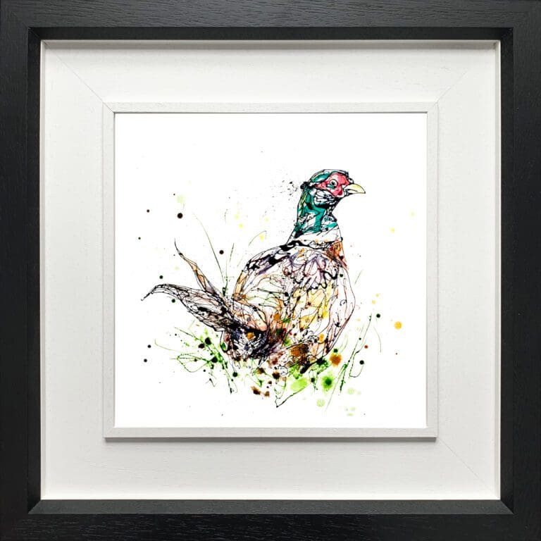 Attention, a pheasant print by Kathryn Callaghan, shown in a Deluxe Black Frame