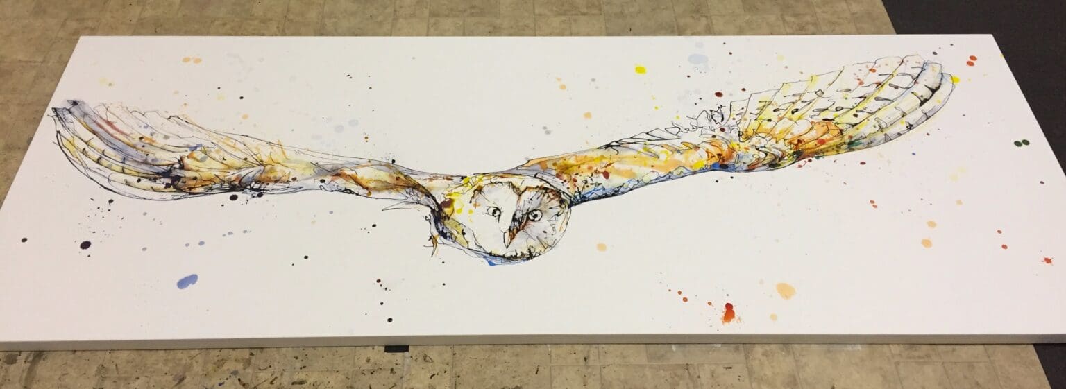 Commissioned painting of a barn owl in flight by Kathryn Callaghan