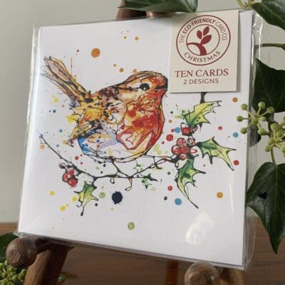 A pack of ten Christmas Cards featuring artwork by Kathryn Callaghan. At the front is a robin named Holly. A tag on the packaging reads "The Eco Friendly Card Co. Christmas. Ten Cards. 2 Designs."