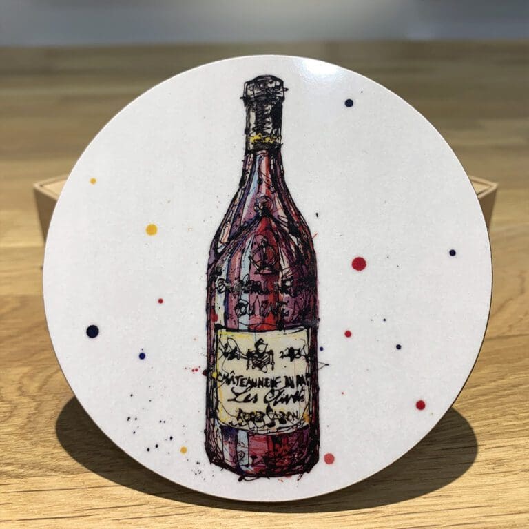 A coaster featuring the red wine print "Red" by Kathryn Callaghan