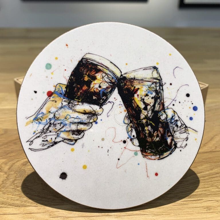 A coaster featuring the print 'Cheers' by Kathryn Callaghan