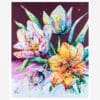 A mauve purple print by Kathryn Callaghan featuring four blossoming tulips is shown presented in an off white card mount.