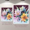 The same print, As Night Falls, is shown in white frames on a gallery wall to display the size difference between its two available editions.