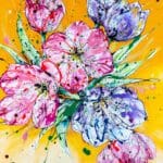 First Light, a floral print by Kathryn Callaghan featuring seven electric pink and crisp lilac tulips exploding from a bold golden-yellow background.