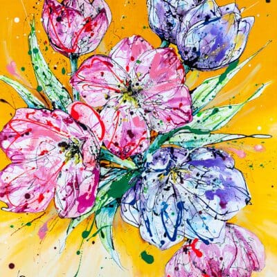 First Light, a floral print by Kathryn Callaghan featuring seven electric pink and crisp lilac tulips exploding from a bold golden-yellow background.