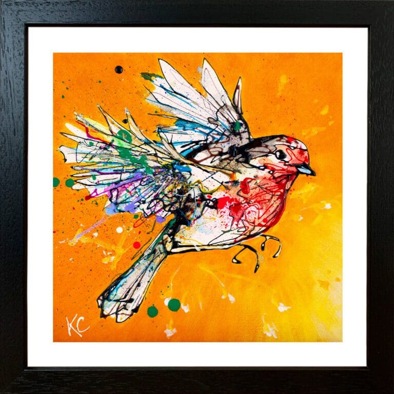 Fly High, a print of a robin in flight by Kathryn Callaghan, shown displayed in a standard black frame.