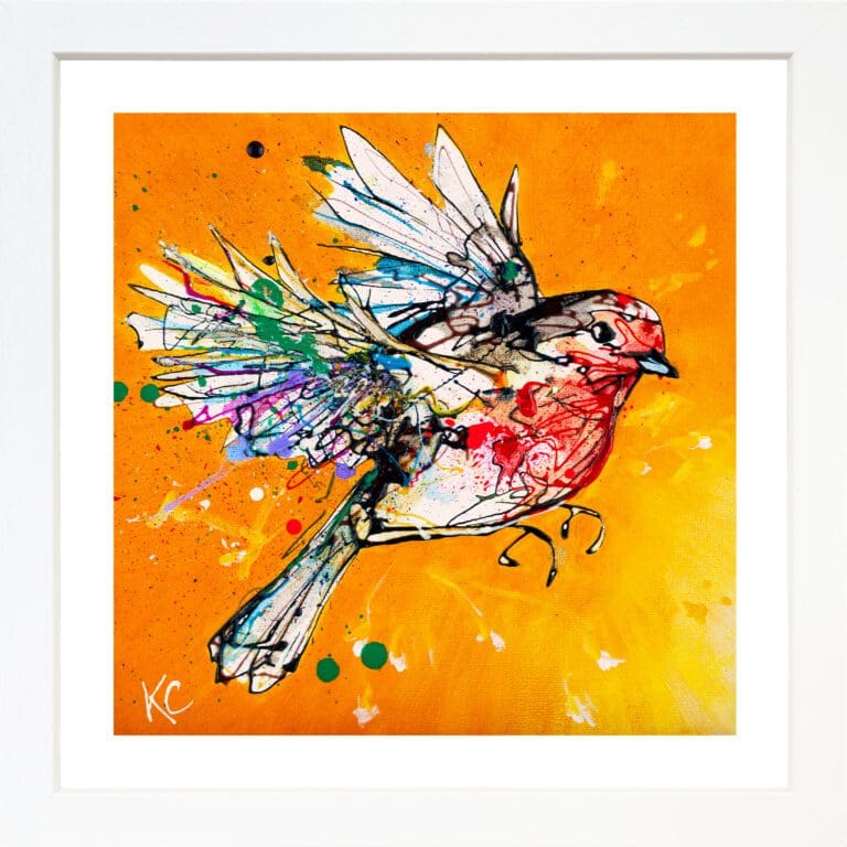 Fly High, a print of a robin in flight by Kathryn Callaghan, shown displayed in a standard white frame.