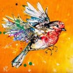 A poured painting of a robin on an orange and yellow painted background by Kathryn Callaghan, named Fly High.