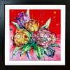 Love, a print of pink, orange, and magenta tulips against a vibrant red background by Kathryn Callaghan, shown in a standard black frame.