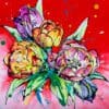 A poured painting of a bunch of pink, orange, and purple tulips by Kathryn Callaghan, set against a bright red background.