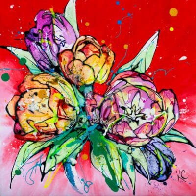 A poured painting of a bunch of pink, orange, and purple tulips by Kathryn Callaghan, set against a bright red background.