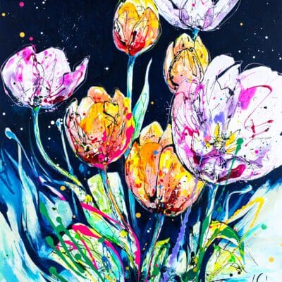 A floral print by Kathryn Callaghan, which features seven pink and red-orange tulips blooming toward the top right of the image. The tulips are set against a deep blue and pale green background evocative of a night sky.