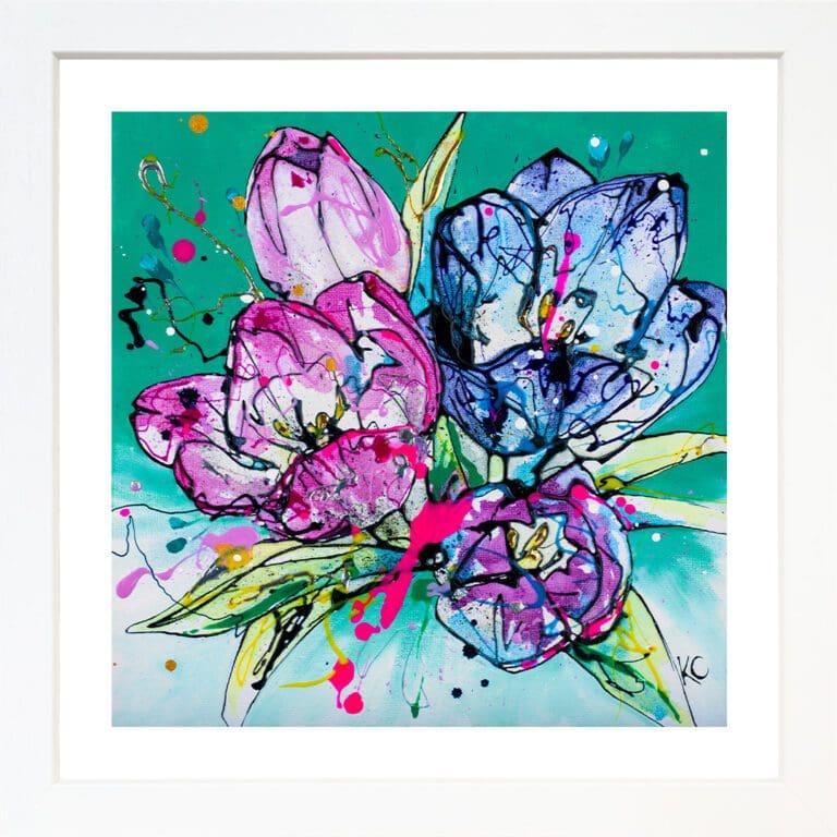 Peace, a print of magenta and blue tulips against a light green background by Kathryn Callaghan, shown in a standard white frame.