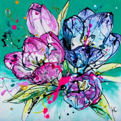 A poured painting of purple and blue tulips with bright green leaves, set against a turquoise-green background. By Kathryn Callaghan.