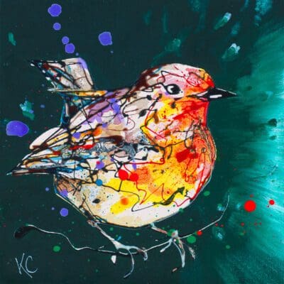 A poured painting of a perched robin by Kathryn Callaghan with a deep green ombre background.