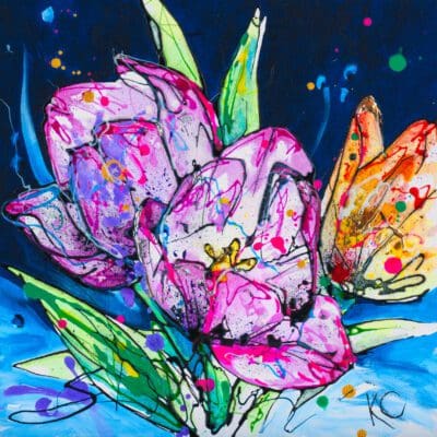 A poured painting of three tulips, two magenta and one orange, against a deep blue background. By Kathryn Callaghan.