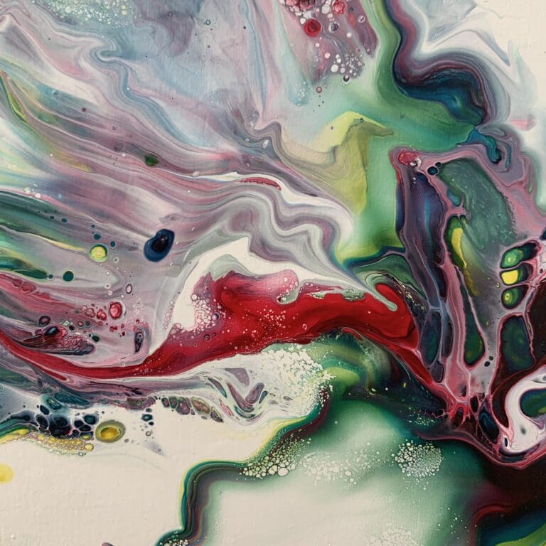 A close up photograph showing the intricate organic detail of reacting green, red, and yellow paints present on Always, an original abstract painting by Kathryn Callaghan.