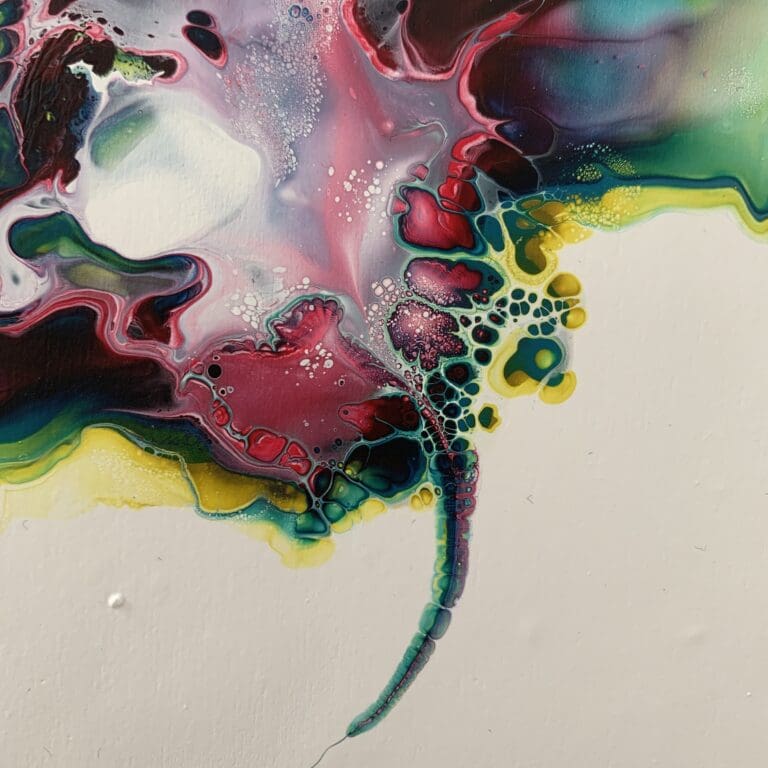 A close up photograph showing the intricate organic detail of reacting green, red, and yellow paints present on Always, an original abstract painting by Kathryn Callaghan.