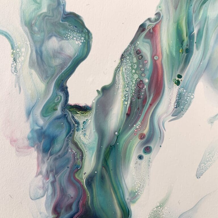 A close up photograph showing the intricate organic detail of reacting green, blue and red paints present on Always, an original abstract painting by Kathryn Callaghan.