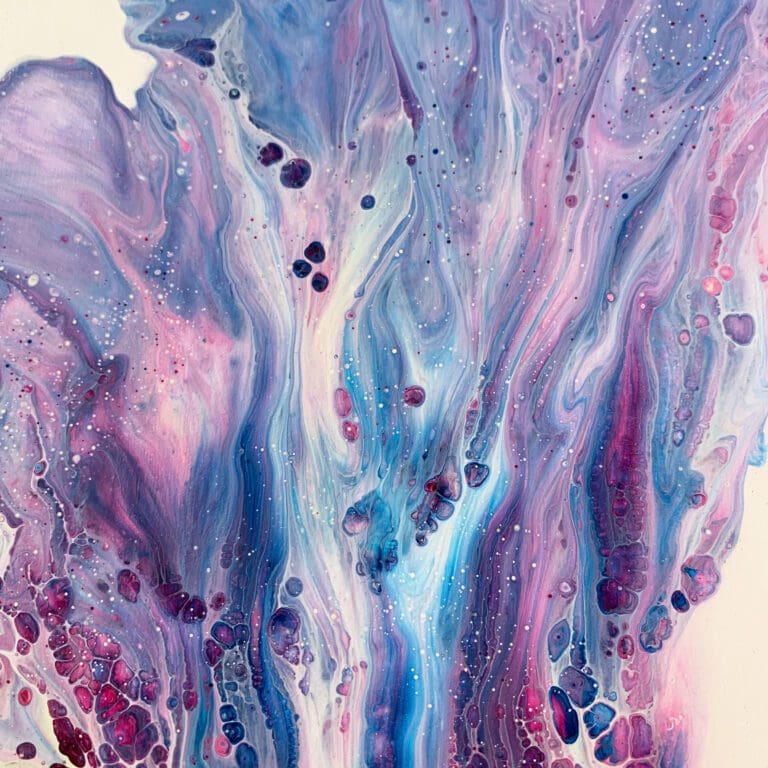 A close up photograph showing the intricate organic detail of reacting blue and pink paints present on Flourish, an original abstract painting by Kathryn Callaghan.