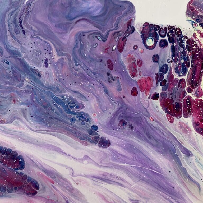 A close up photograph showing the intricate organic detail of reacting purple paints present on Flourish, an original abstract painting by Kathryn Callaghan.