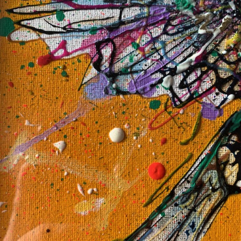 A close up photograph showing the use of colour and texture in 'Fly High', an original robin painting by Kathryn Callaghan.