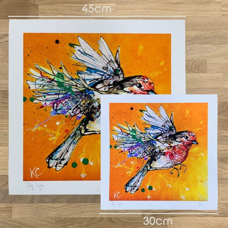 Two prints of Fly High, a robin print by Kathryn Callaghan, to show the size difference between the 45cm print and the 30cm print.