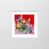 A digital mockup showing how a miniature print of Love by Kathryn Callaghan will look presented in a 23cm mount. Love features a pose of peonies against a bright red background, surrounded by a slim white border where the print's title is written in pencil.