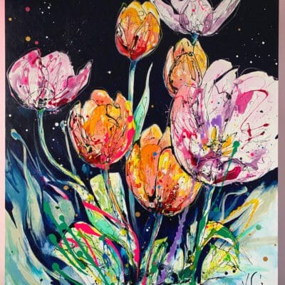 An original painting by Kathryn Callaghan of seven orange and pink tulips reaching into a navy blue sky. The painting features free brush strokes and poured inks.