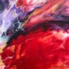 A close up photograph showing the intricate organic detail of reacting red, purple, black and white paints present on Passion, an original abstract painting by Kathryn Callaghan.