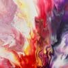 A close up photograph showing the intricate organic detail of reacting red, purple, black and white paints present on Passion, an original abstract painting by Kathryn Callaghan.