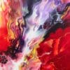 A close up photograph showing the intricate organic detail of reacting red, purple, black and white paints present on Passion, an original abstract painting by Kathryn Callaghan.