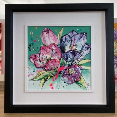 An original floral painting by Kathryn Callaghan, depicting a posy of pink and blue flowers blooming against a sea green background. The painting is named Peace.