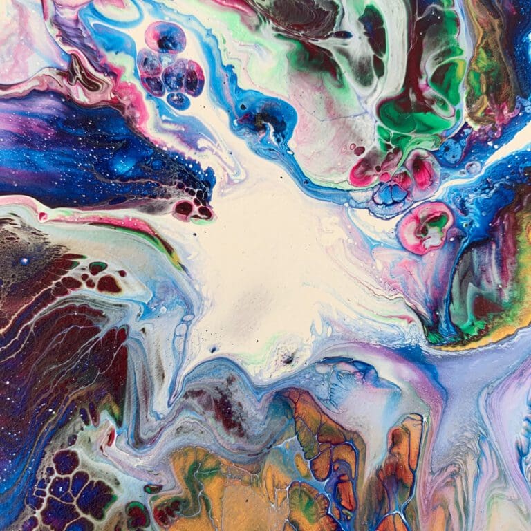 A close up photograph showing the intricate organic detail of reacting blue, pink, green, gold and white paints present on Revival, an original abstract painting by Kathryn Callaghan.