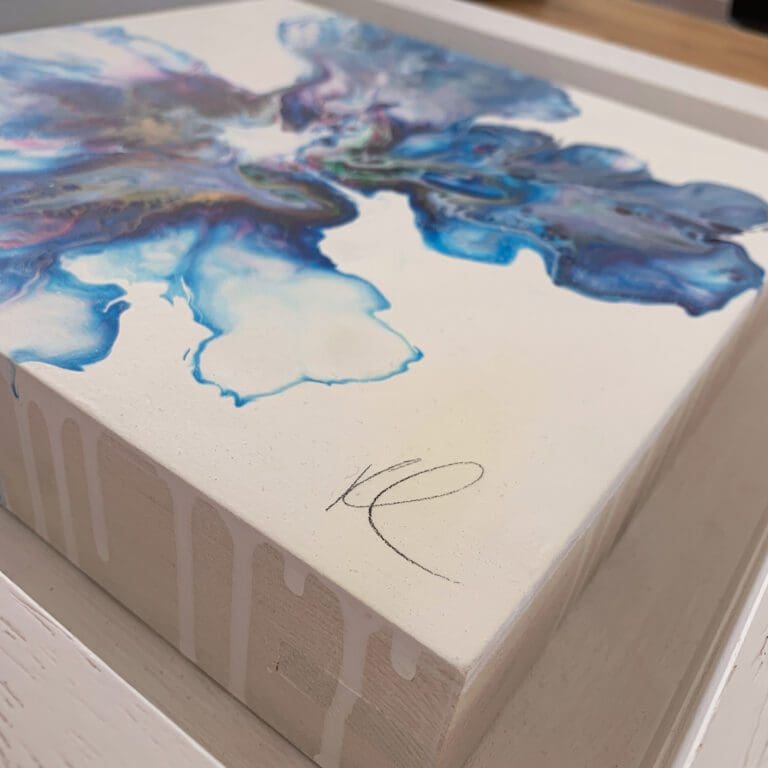 Close up photograph showing Kathryn Callaghan's pencil signature on the surface of Revival, her original abstract painting.