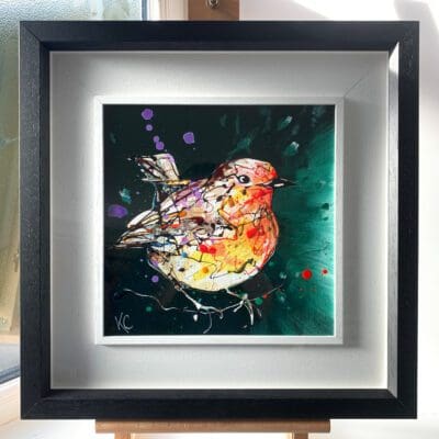 An original painting by Kathryn Callaghan, titled 'Stand By Me'. The painting features a plump robin perched against a dark green background and is framed in a two-part white and black frame.