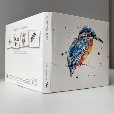 A pack of eight greetings cards featuring four designs by Kathryn Callaghan. The photograph shows the paper wallet the cards are packaged in and features a painting of a kingfisher on the front