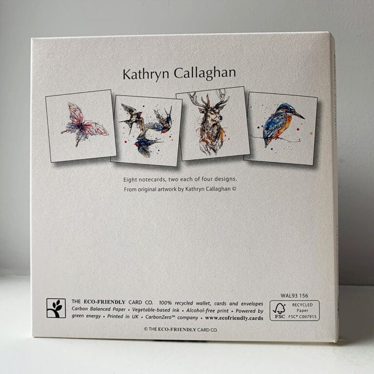 The rear cover of a set of eight greetings cards featuring artwork by Kathryn Callaghan. The rear cover contains information on the Eco credentials of the cards, and the four designs used: Flutterfly, Affinity, Grand, and Gaze.