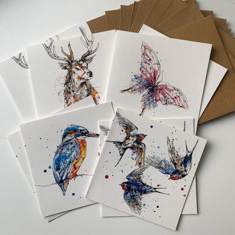 The eight cards in the new Kathryn Callaghan greetings card set, featuring four designs: Grand the stag, Flutterfly the butterfly, Gaze the kingfisher, and Affinity the swallow family.