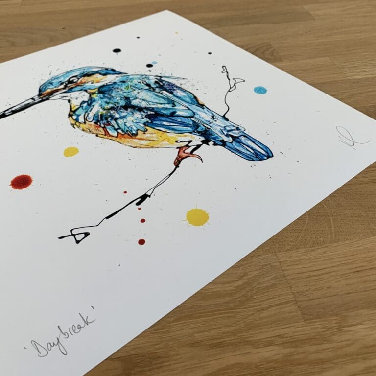 Photograph of Daybreak by Kathryn Callaghan, which shows the print's title handwritten in the bottom left corner and the artist's signature in the bottom right, with space between to add a custom personalisation.