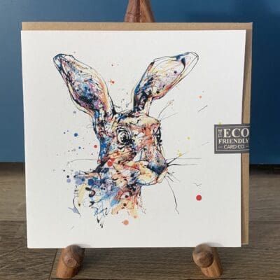 A greetings card featuring a print of an energetic Irish hare named Hartley by Kathryn Callaghan.