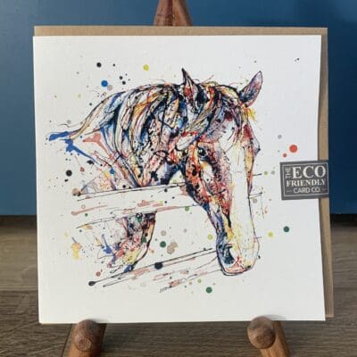 A greetings card featuring a print of a friendly horse named Hudson by Kathryn Callaghan.