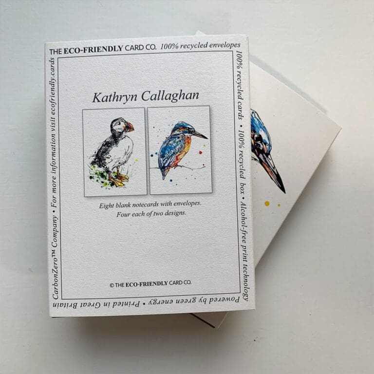 The reverse of a pack of notecards featuring artwork by Kathryn Callaghan. The cover shows both designs: 'Atlantic puffin' and 'Gaze' which features a kingfisher.